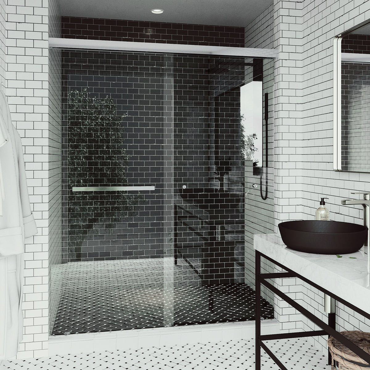 Satro E-Class 52 to 60 in. W x 74 in. H Semi-Frameless Double-Sliding Shower Door and Meridian 4-Piece Bath Hardware Set in Chrome