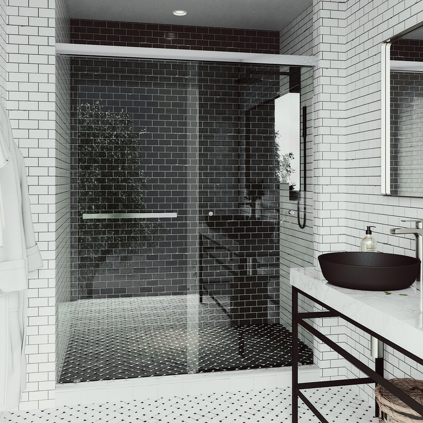 Satro E-Class 52 to 60 in. W x 74 in. H Semi-Frameless Double-Sliding Shower Door and Meridian 4-Piece Bath Hardware Set in Chrome