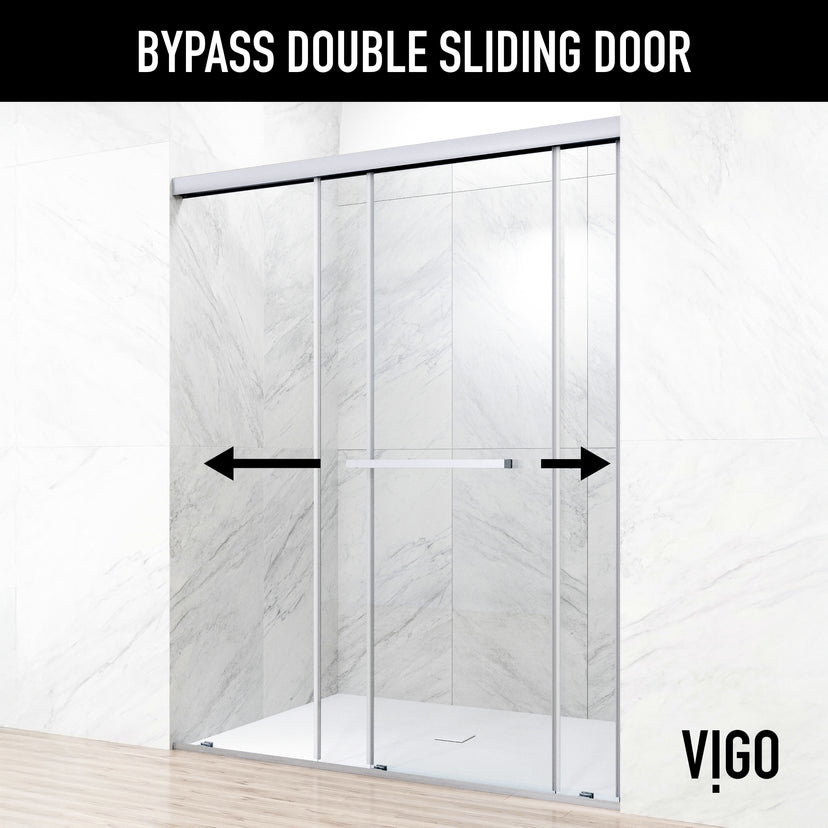 Satro E-Class 52 to 60 in. W x 74 in. H Semi-Frameless Double-Sliding Shower Door and Meridian 4-Piece Bath Hardware Set in Chrome