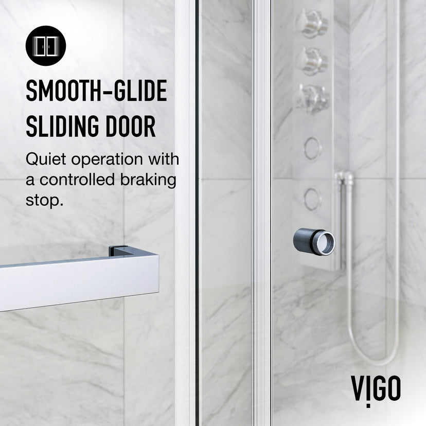 Satro E-Class 52 to 60 in. W x 74 in. H Semi-Frameless Double-Sliding Shower Door and Meridian 4-Piece Bath Hardware Set in Chrome