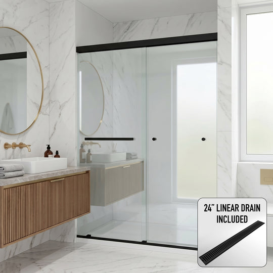 Satro E-Class 52 to 60 in. W x 74 in. H Semi-Frameless Double-Sliding Shower Door and Elan 24 in. Linear Shower Drain in Matte Black