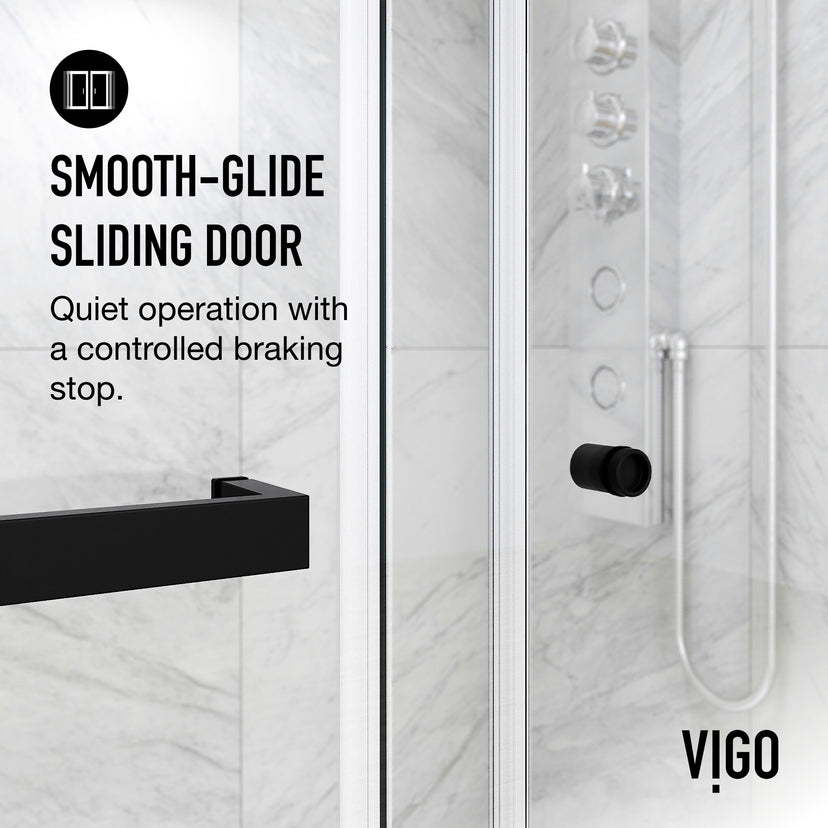 Satro E-Class 52 to 60 in. W x 74 in. H Semi-Frameless Double-Sliding Shower Door and Elan 24 in. Linear Shower Drain in Matte Black