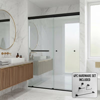Satro E-Class 52 to 60 in. W x 74 in. H Semi-Frameless Double-Sliding Shower Door and Meridian 4-Piece Bath Hardware Set in Matte Black