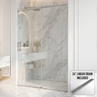 Amada 60 in. W x 74 in. H Sliding Shower Door and Elan 24 in. Linear Shower Drain in Brushed Nickel