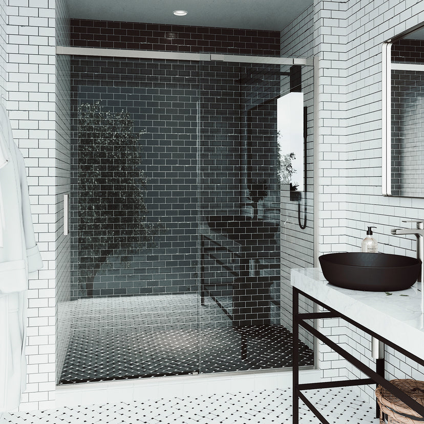 Amada 60 in. W x 74 in. H Sliding Shower Door and Elan 24 in. Linear Shower Drain in Brushed Nickel