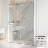 Amada 60 in. W x 74 in. H Sliding Shower Door and Satro 3-Piece Bath Hardware Set in Brushed Nickel