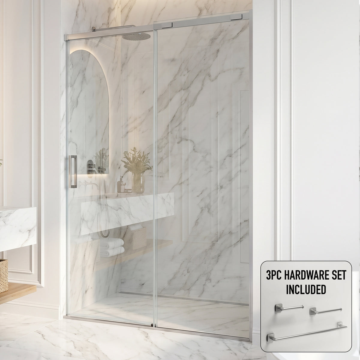 Amada 60 in. W x 74 in. H Sliding Shower Door and Satro 3-Piece Bath Hardware Set in Brushed Nickel