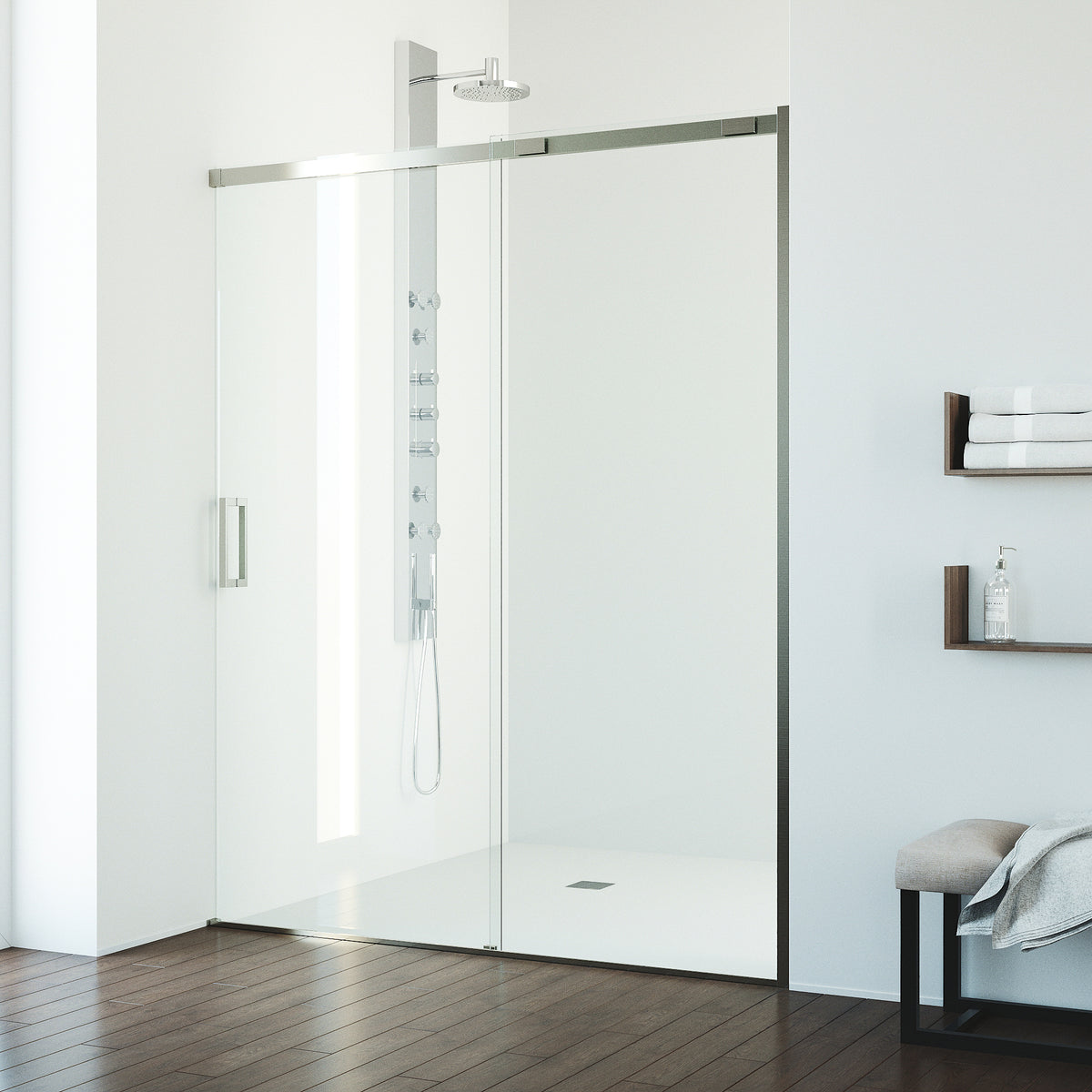 Amada 60 in. W x 74 in. H Sliding Shower Door and Satro 3-Piece Bath Hardware Set in Brushed Nickel