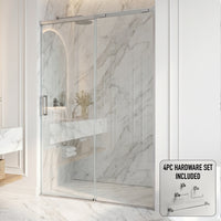 Amada 60 in. W x 74 in. H Sliding Shower Door and Meridian 4-Piece Bath Hardware Set in Brushed Nickel