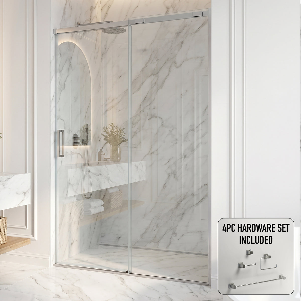 Amada 60 in. W x 74 in. H Sliding Shower Door and Meridian 4-Piece Bath Hardware Set in Brushed Nickel