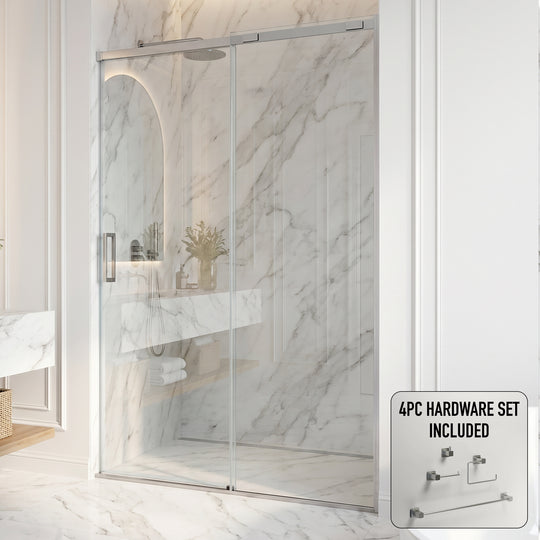 Amada 60 in. W x 74 in. H Sliding Shower Door and Meridian 4-Piece Bath Hardware Set in Brushed Nickel