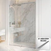 60 in. W x 74 in. H Sliding Shower Door in Brushed Nickel with 1/4 in. Clear Glass and Elan 36 in. Linear Shower Drain