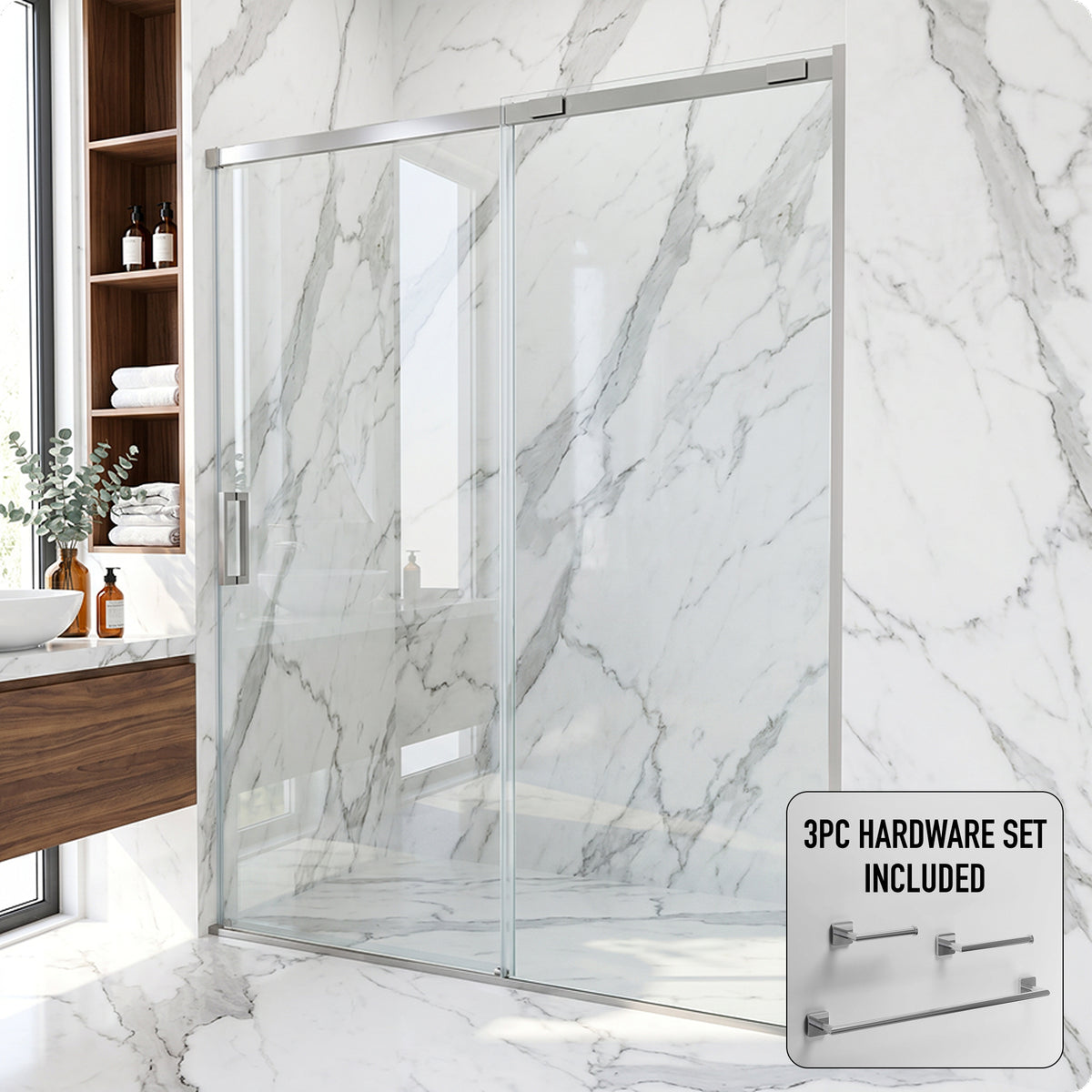 Amada 60 in. W x 74 in. H Sliding Shower Door and Satro 3-Piece Bath Hardware Set in Chrome