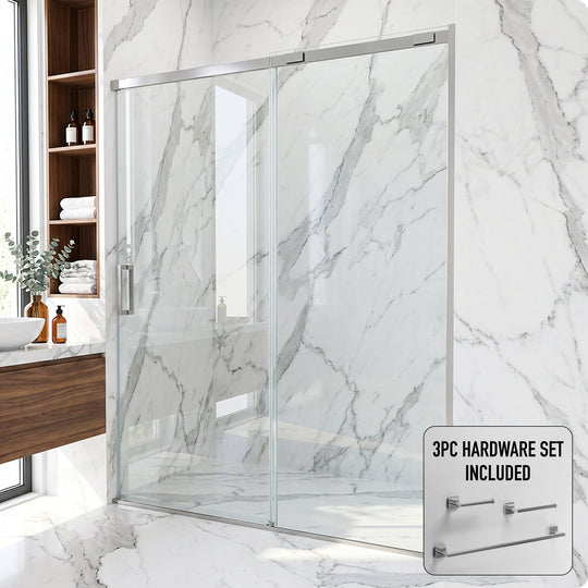 Amada 60 in. W x 74 in. H Sliding Shower Door and Satro 3-Piece Bath Hardware Set in Chrome