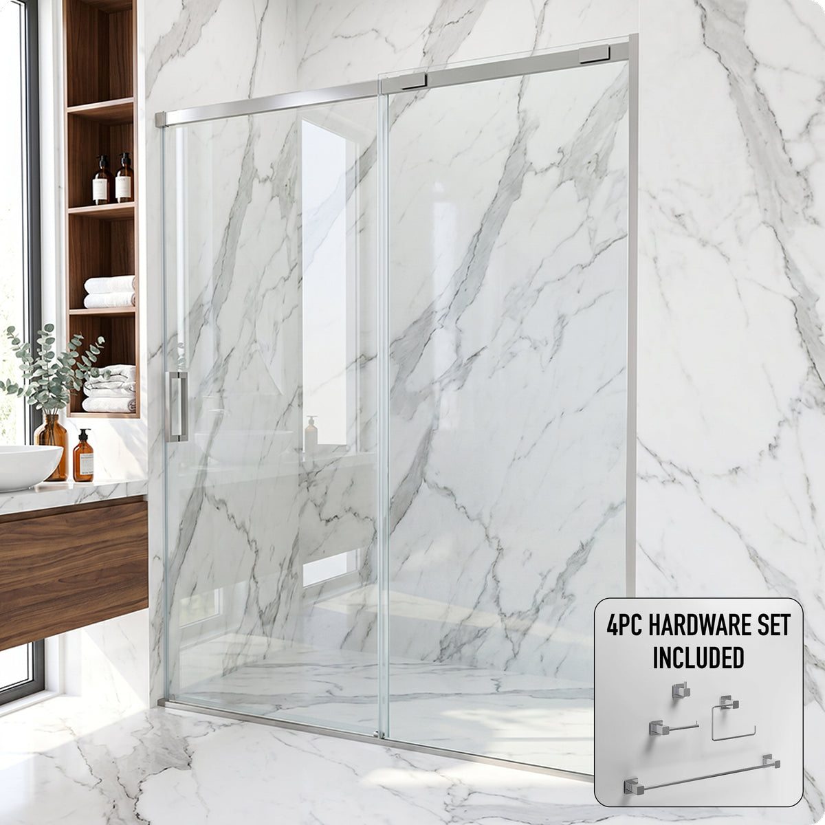Amada 60 in. W x 74 in. H Sliding Shower Door and Meridian 4-Piece Bath Hardware Set in Chrome