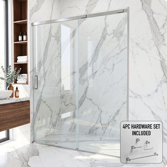 Amada 60 in. W x 74 in. H Sliding Shower Door and Meridian 4-Piece Bath Hardware Set in Chrome