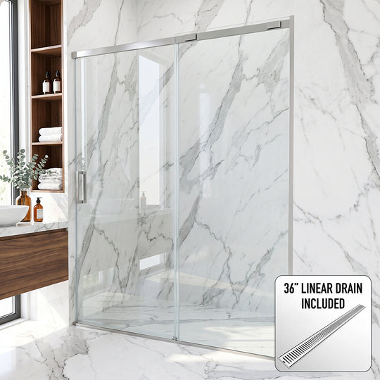 60 in. W x 74 in. H Sliding Shower Door in Chrome with 1/4 in. Clear Glass and Elan 36 in. Linear Shower Drain
