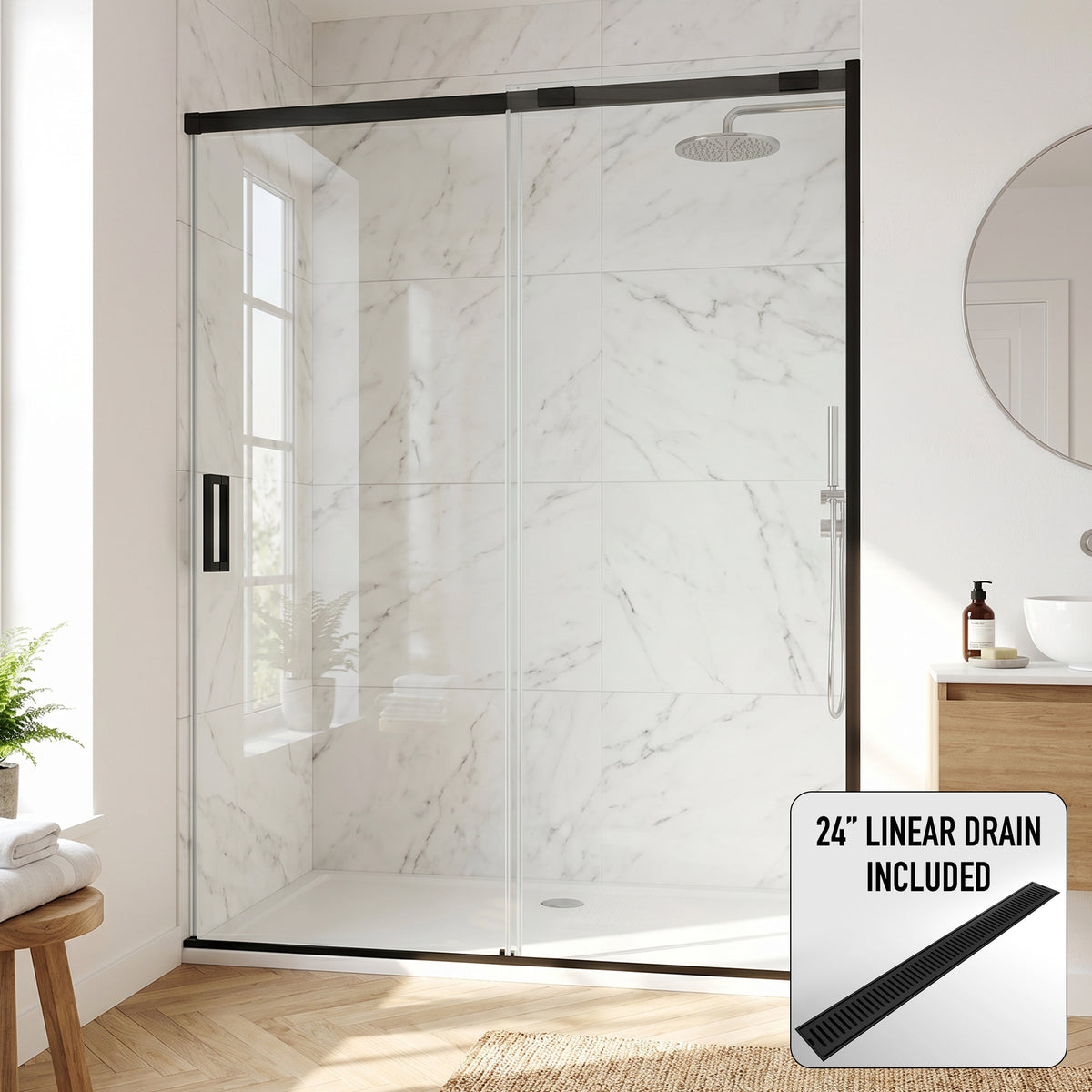 Amada 60 in. W x 74 in. H Sliding Shower Door and Elan 24 in. Linear Shower Drain in Matte Black