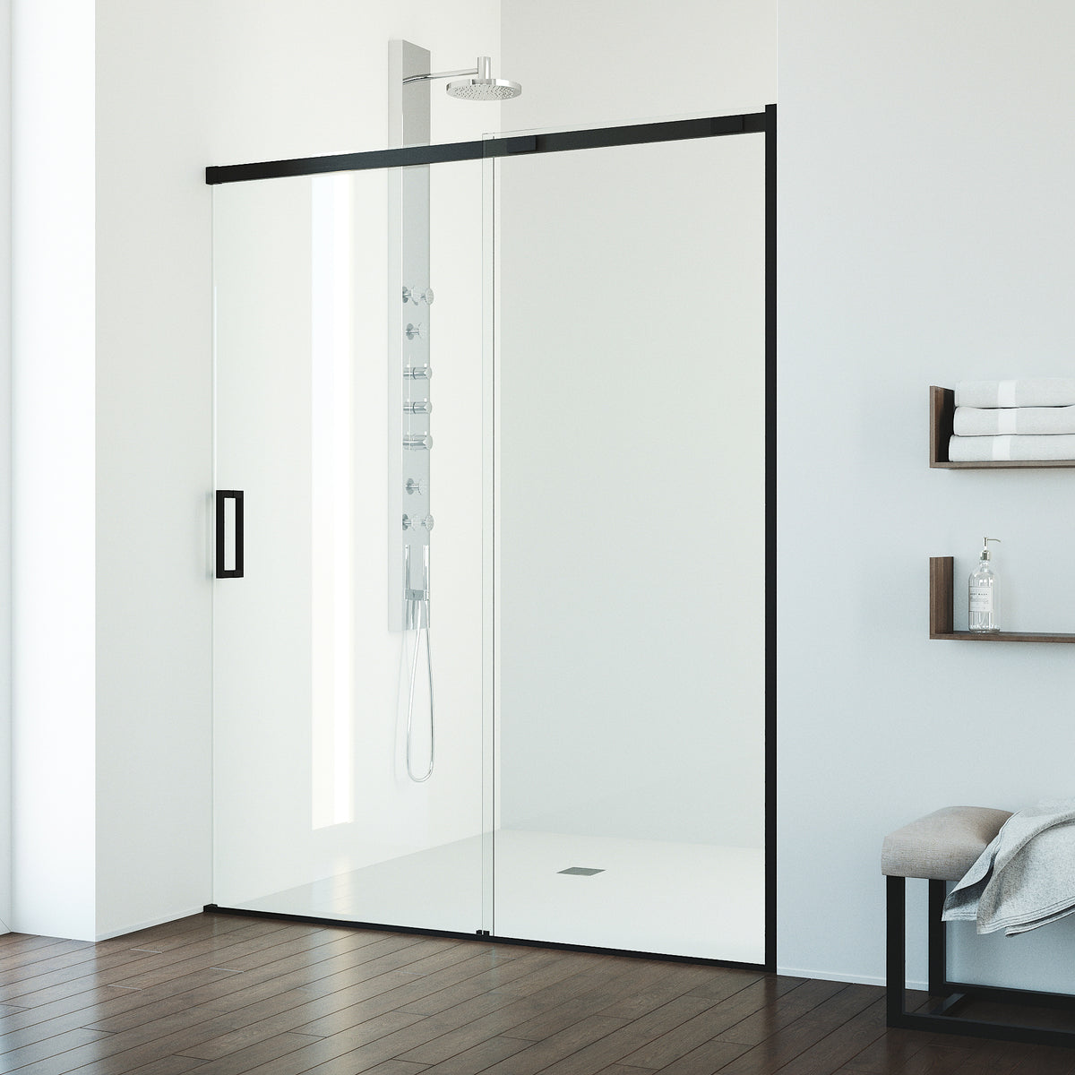 Amada 60 in. W x 74 in. H Sliding Shower Door and Elan 24 in. Linear Shower Drain in Matte Black