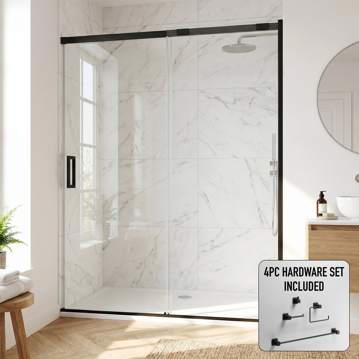 Amada 60 in. W x 74 in. H Sliding Shower Door and Meridian 4-Piece Bath Hardware Set in Matte Black