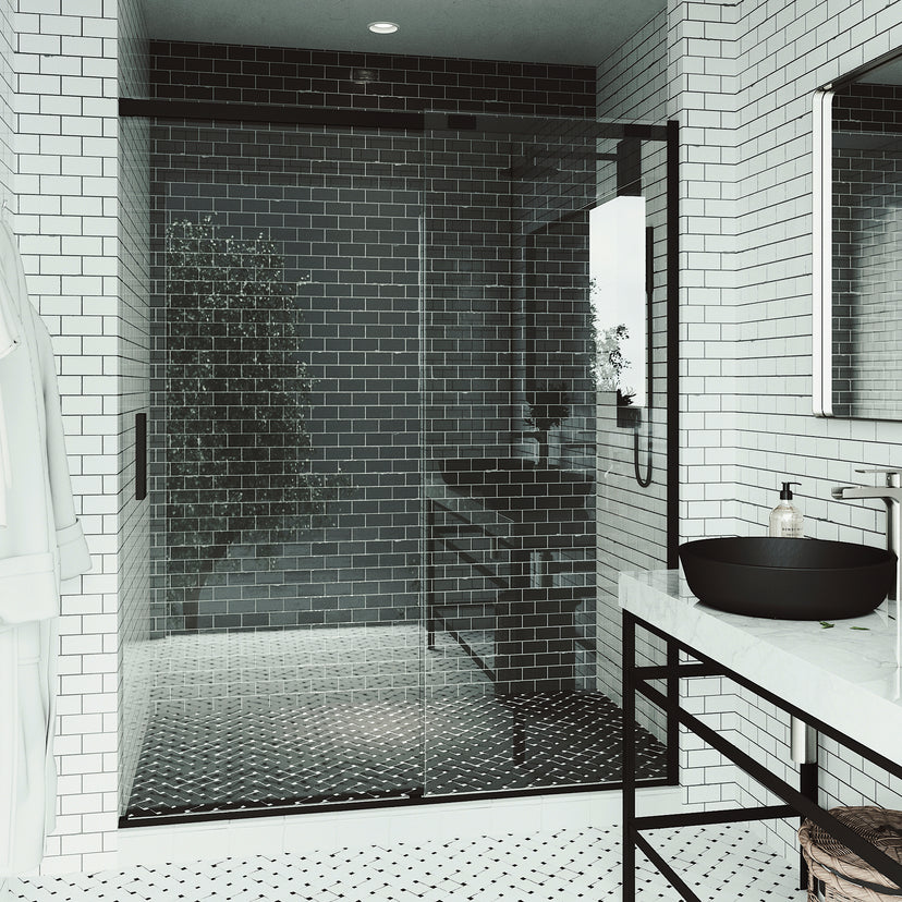 Amada 60 in. W x 74 in. H Sliding Shower Door and Meridian 4-Piece Bath Hardware Set in Matte Black