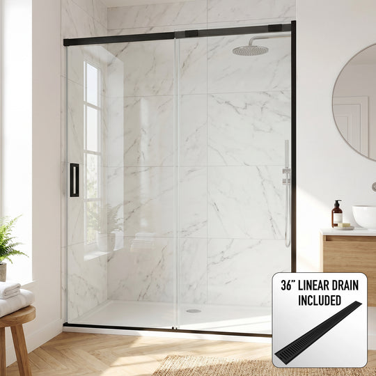 60 in. W x 74 in. H Sliding Shower Door in Matte Black with 1/4 in. Clear Glass and Elan 36 in. Linear Shower Drain