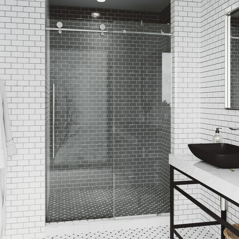 Elan E-Class 44 to 48 in. W x 76 in. H Frameless Sliding Shower Door and Satro 3-Piece Bath Hardware Set in Chrome