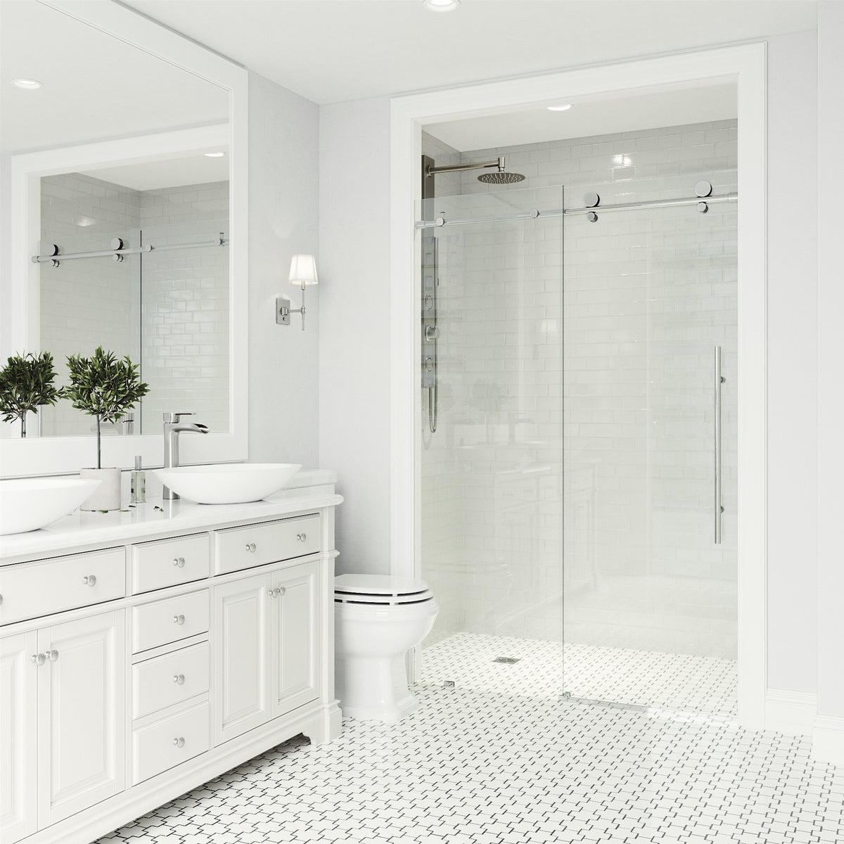 Elan E-Class 44 to 48 in. W x 76 in. H Frameless Sliding Shower Door and Satro 3-Piece Bath Hardware Set in Chrome