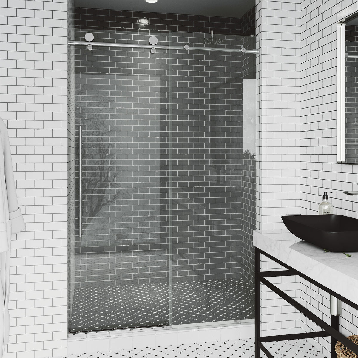 Elan E-Class 44 to 48 in. W x 76 in. H Frameless Sliding Shower Door and Meridian 4-Piece Bath Hardware Set in Chrome
