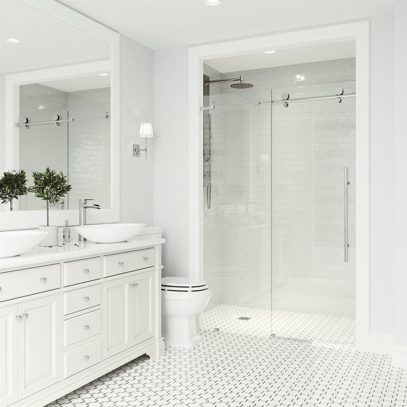 Elan E-Class 44 to 48 in. W x 76 in. H Frameless Sliding Shower Door and Meridian 4-Piece Bath Hardware Set in Chrome