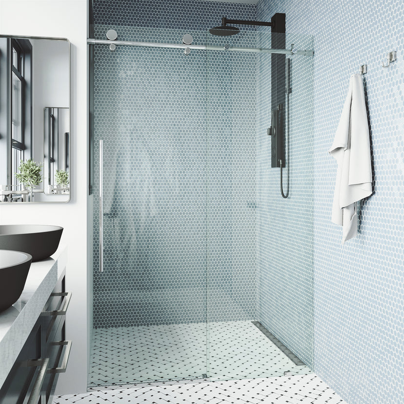 Elan E-Class 48 to 52 in. W x 76 in. H Frameless Sliding Shower Door and Satro 3-Piece Bath Hardware Set in Chrome