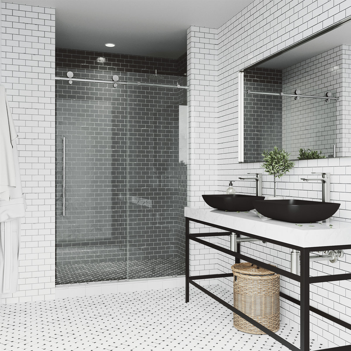 Elan E-Class 48 to 52 in. W x 76 in. H Frameless Sliding Shower Door and Satro 3-Piece Bath Hardware Set in Chrome