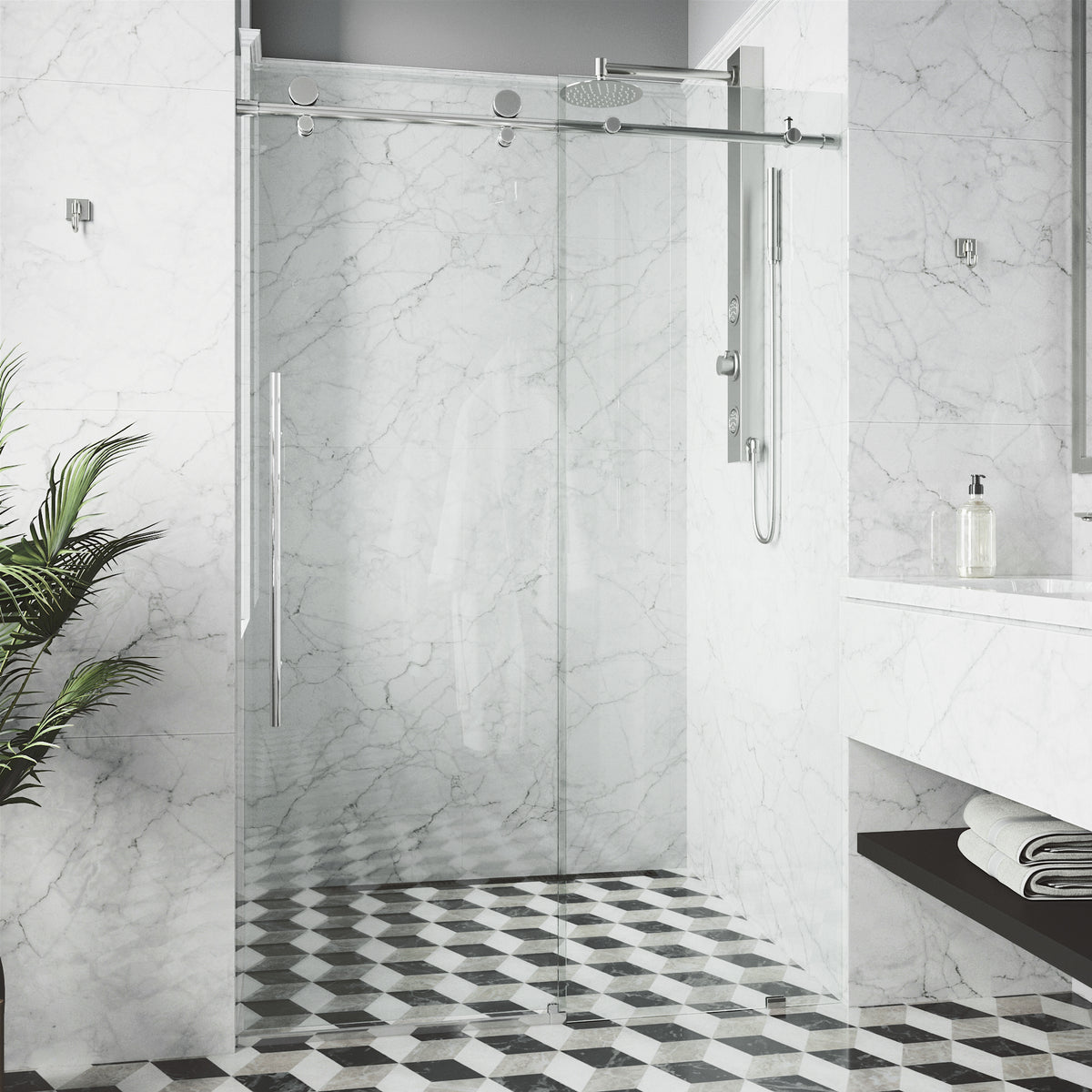 Elan E-Class 48 to 52 in. W x 76 in. H Frameless Sliding Shower Door and Satro 3-Piece Bath Hardware Set in Chrome