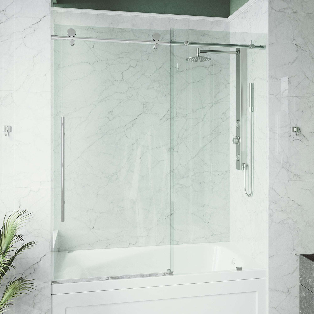 Chrome frameless sliding tub door with clear tempered glass, modern design, adjustable 56-60 in.