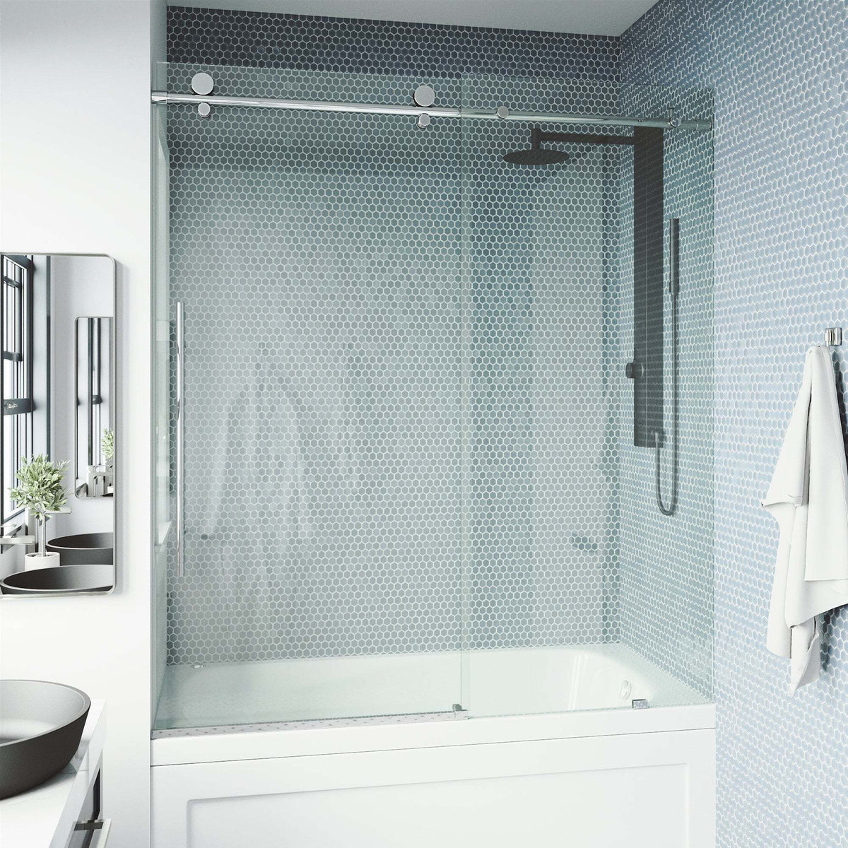 Clear glass sliding tub door with chrome hardware, frameless, 66 in. tall, alcove installation