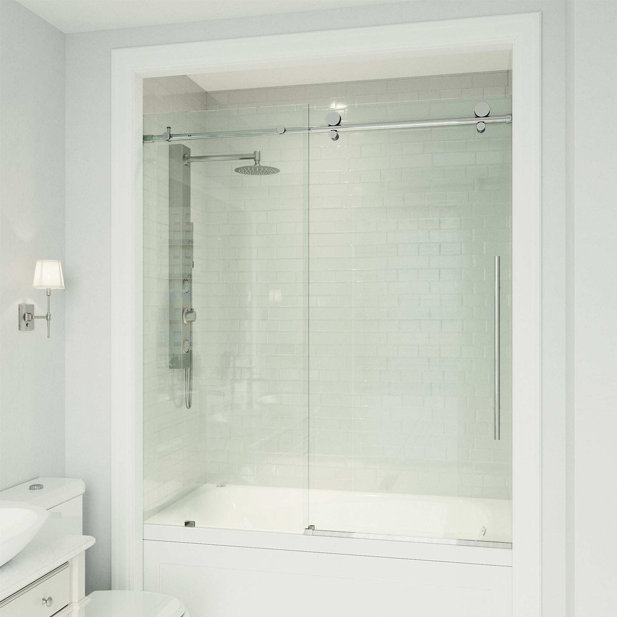 Chrome frameless shower door, tempered clear glass, bar handle, reversible door opening