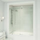 Chrome frameless shower door, tempered clear glass, bar handle, reversible door opening