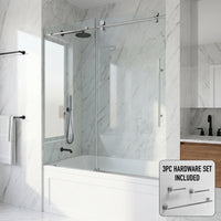 Elan E-Class 56 to 60 in. W x 66 in. H Frameless Sliding Tub Door and Satro 3-Piece Bath Hardware Set in Chrome