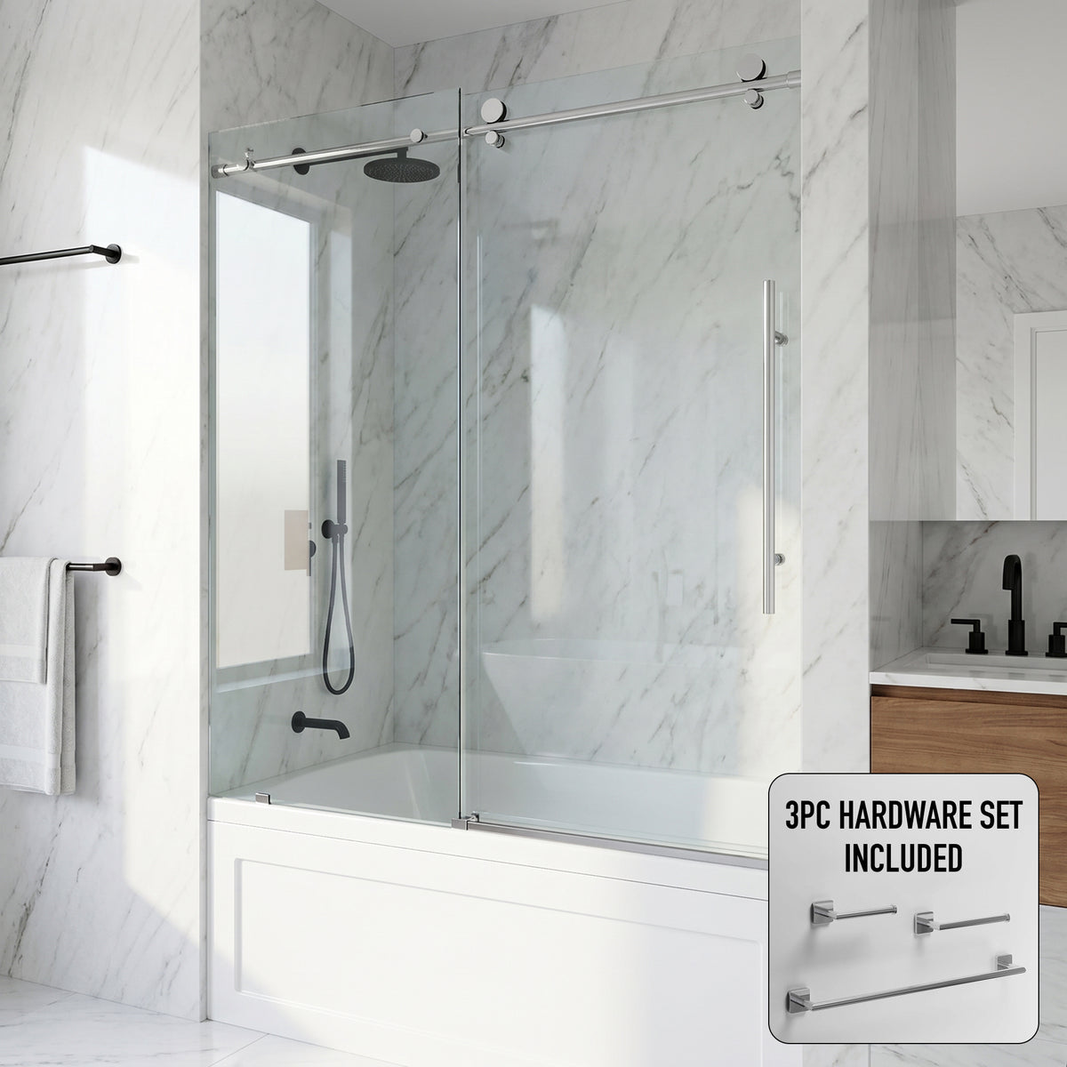 Elan E-Class 56 to 60 in. W x 66 in. H Frameless Sliding Tub Door and Satro 3-Piece Bath Hardware Set in Chrome