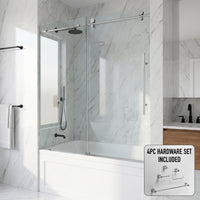 Elan E-Class 56 to 60 in. W x 66 in. H Frameless Sliding Tub Door and Meridian 4-Piece Bath Hardware Set in Chrome