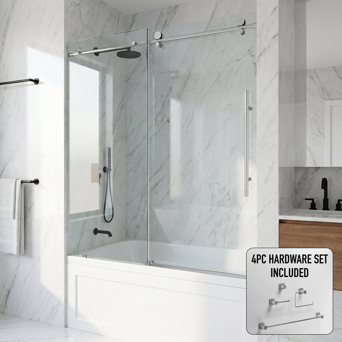 Elan E-Class 56 to 60 in. W x 66 in. H Frameless Sliding Tub Door and Meridian 4-Piece Bath Hardware Set in Chrome