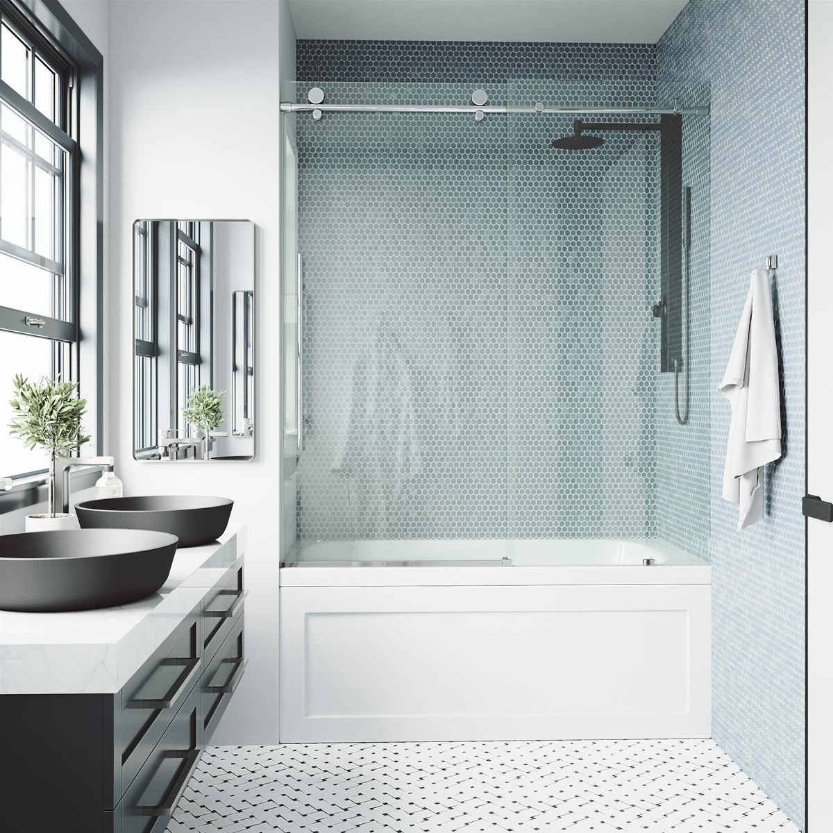 Elan E-Class 56 to 60 in. W x 66 in. H Frameless Sliding Tub Door and Meridian 4-Piece Bath Hardware Set in Chrome