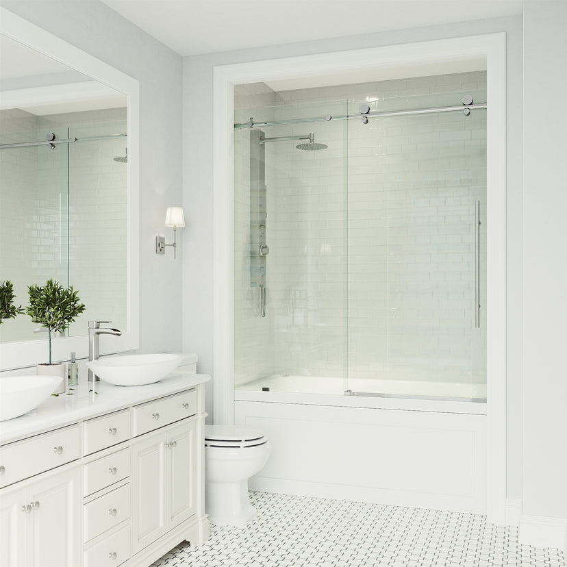 Elan E-Class 56-60 in. W x 66 in. H Frameless Sliding Tub Door in Chrome with 3/8 in. (10mm) Clear Glass and Cass 3-Piece Bath Hardware Set