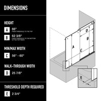 Elan E-Class 56-60 in. W x 66 in. H Frameless Sliding Tub Door in Chrome with 3/8 in. (10mm) Clear Glass and Cass 3-Piece Bath Hardware Set