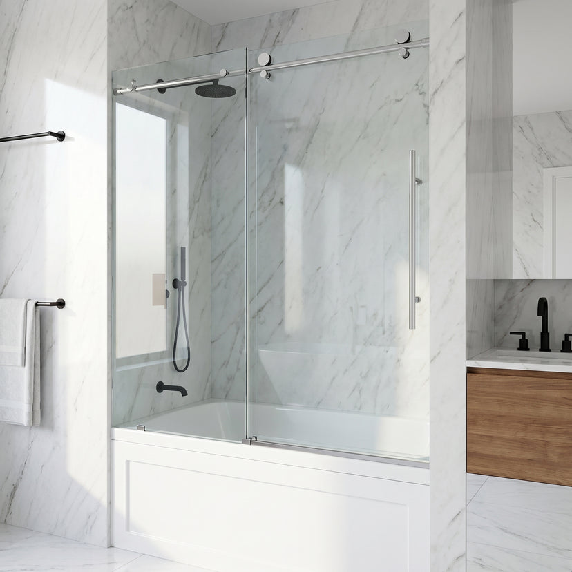 Elan E-Class 56-60 in. W x 66 in. H Frameless Sliding Tub Door in Chrome with 3/8 in. (10mm) Clear Glass and Cass 4-Piece Bath Hardware Set