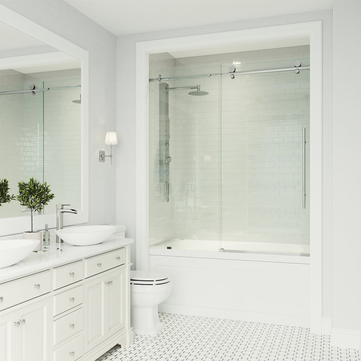 Elan E-Class 56-60 in. W x 66 in. H Frameless Sliding Tub Door in Chrome with 3/8 in. (10mm) Clear Glass and Cass 4-Piece Bath Hardware Set