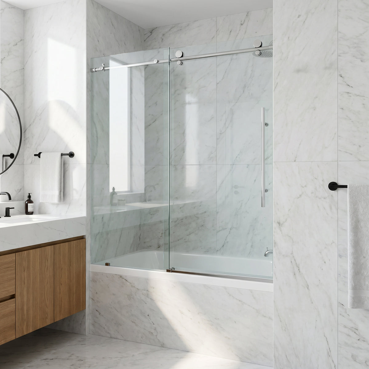 Elan E-Class 56-60 in. W x 66 in. H Frameless Sliding Tub Door in Chrome with 3/8 in. (10mm) Clear Glass and Arden 3-Piece Bath Hardware Set