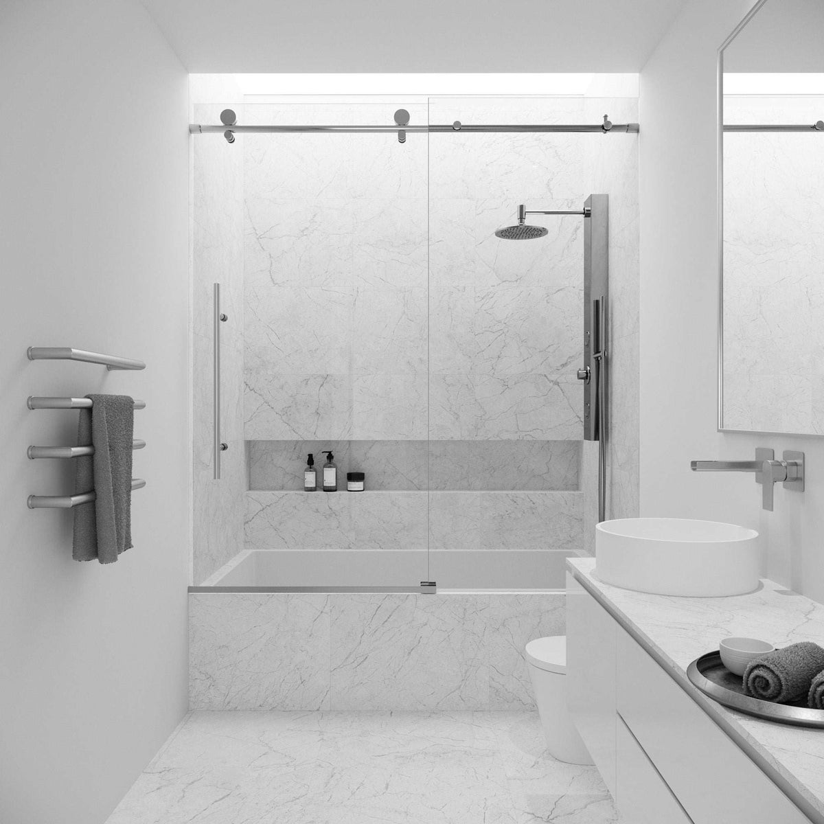 Clear glass frameless tub door, chrome finish, adjustable width, reversible installation, 66 in.