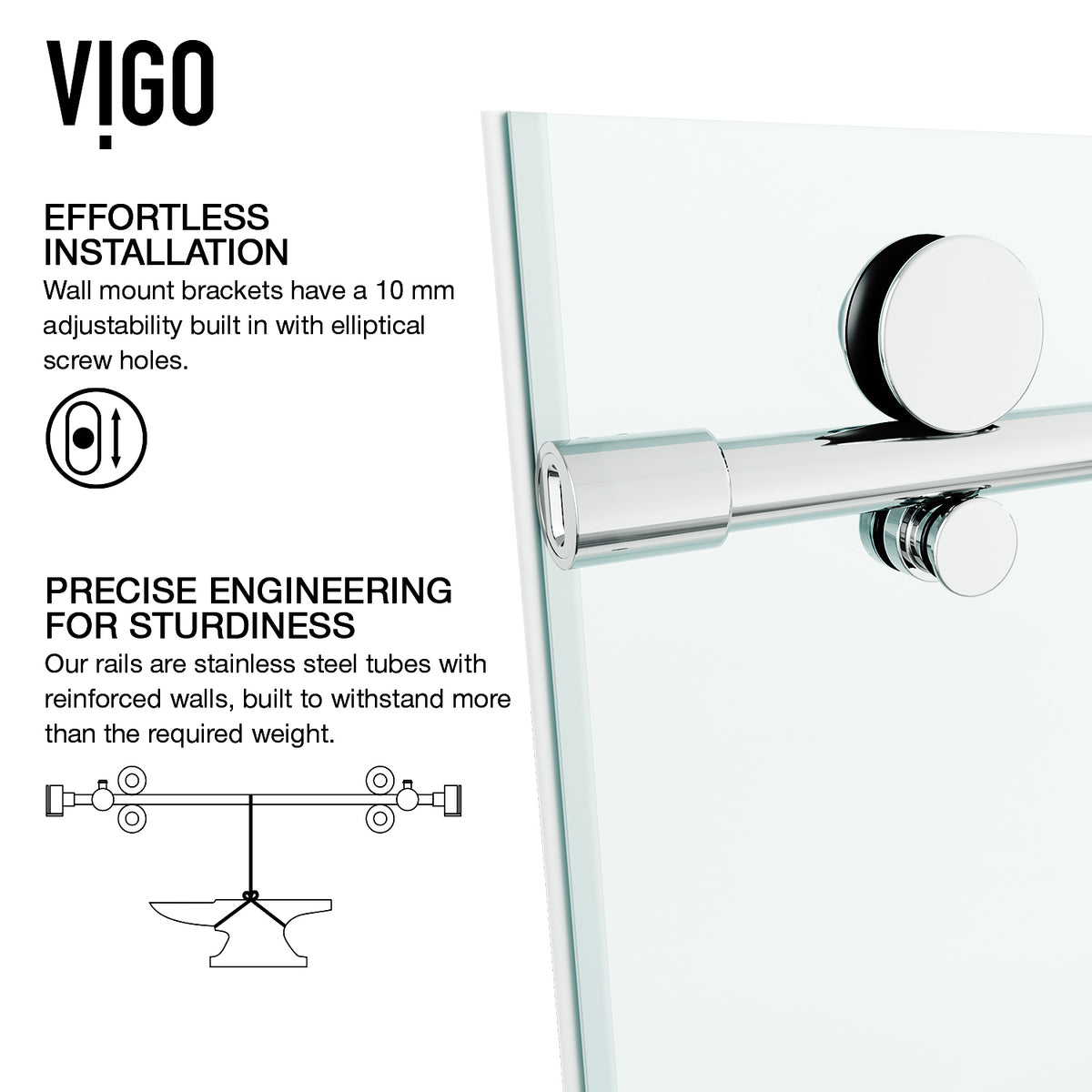 Elan E-Class 56 to 60 in. W x 76 in. H Frameless Sliding Shower Door and Satro 3-Piece Bath Hardware Set in Chrome