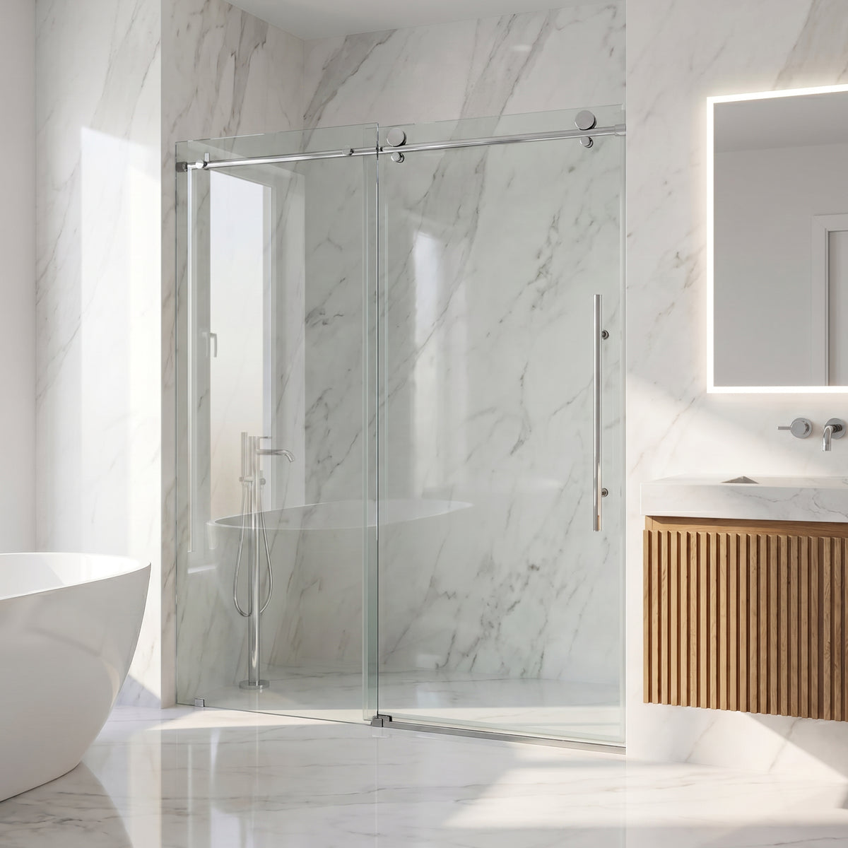 Elan E-Class 56 to 60 in. W x 76 in. H Frameless Sliding Shower Door and Meridian 4-Piece Bath Hardware Set in Chrome